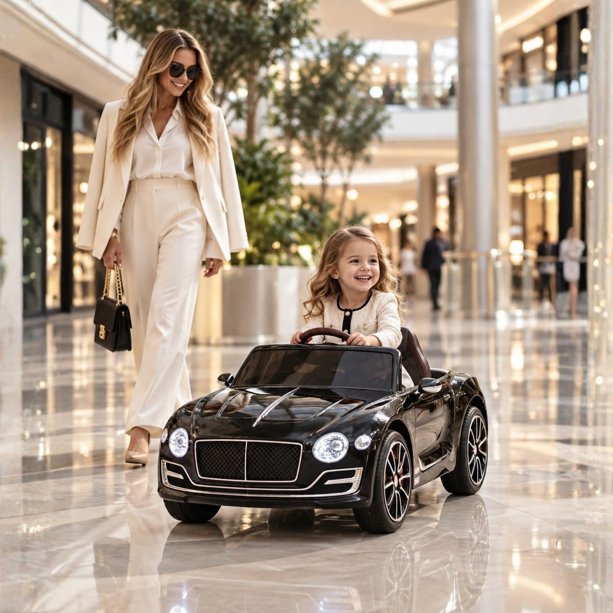 Enfant au volant de la voiture électrique pour enfants Bentley EXP 12 avec un adulte à côté