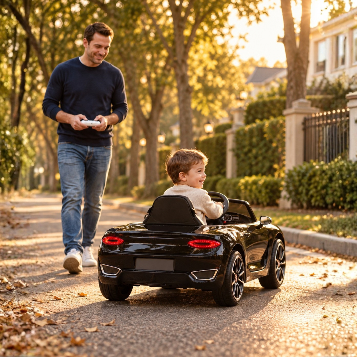 Enfant au volant de la voiture électrique pour enfants Bentley EXP 12 avec un adulte à côté
