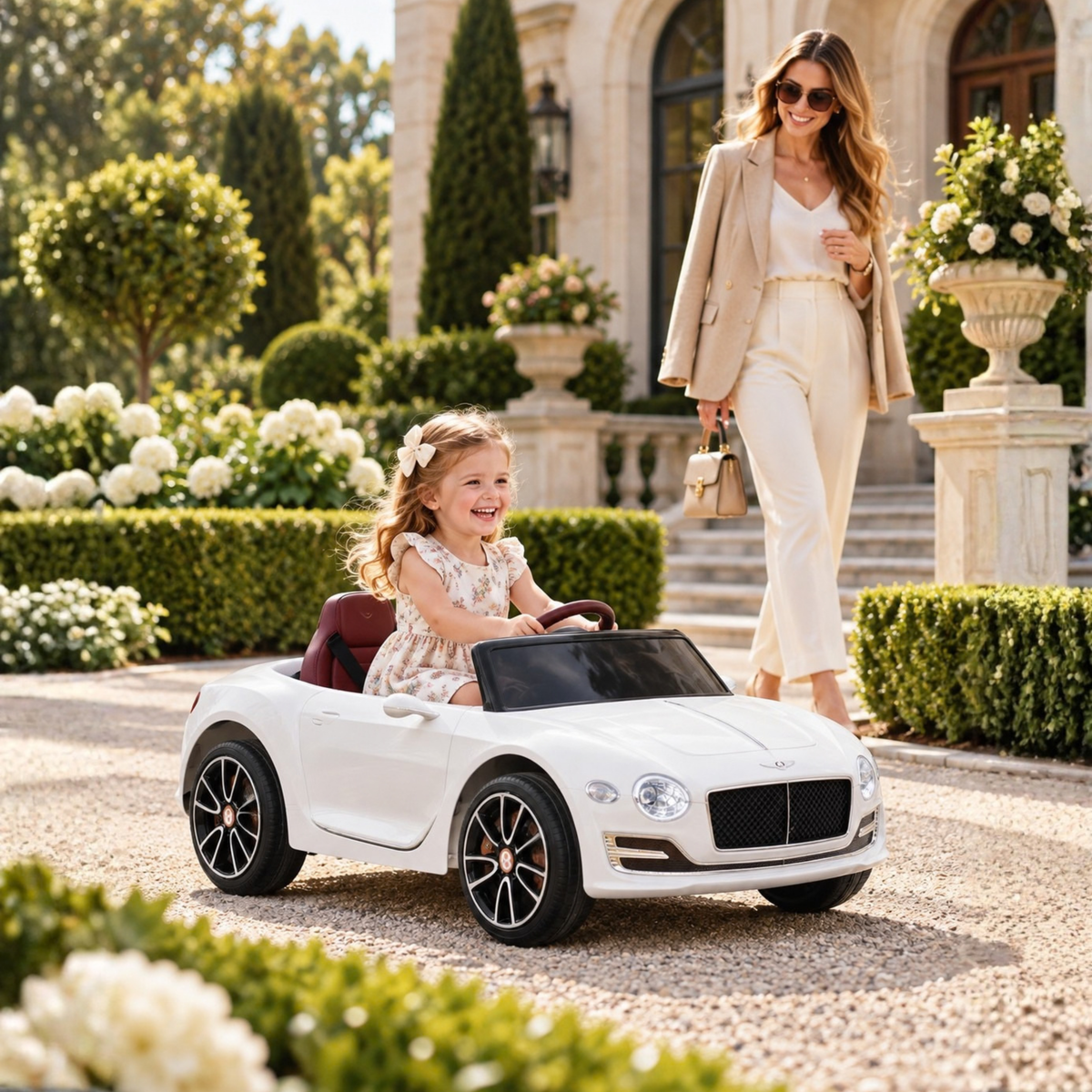 Enfant au volant de la voiture électrique pour enfants Bentley EXP 12 avec un adulte à côté