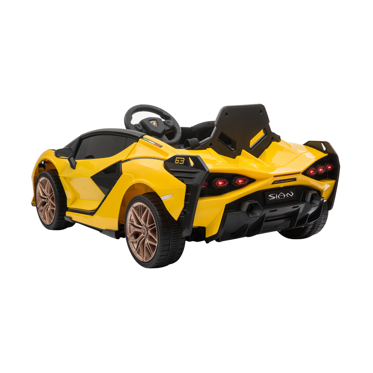 Voiture électrique pour enfants Lamborghini Sian vue de trois-quarts arrière coloris jaune