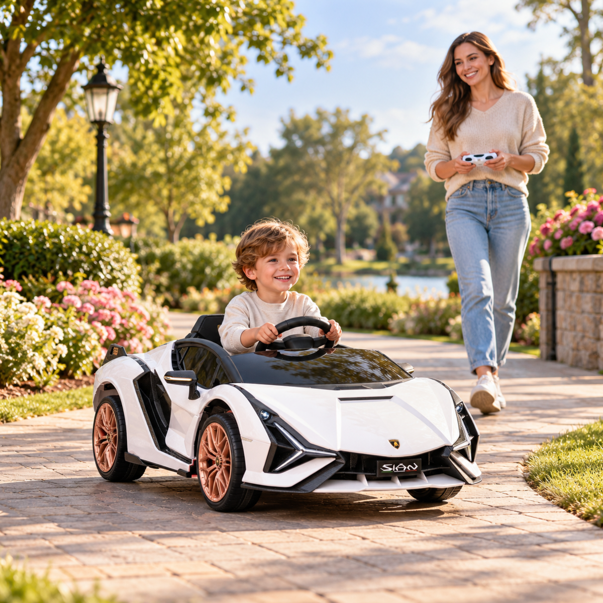 Enfant au volant de la voiture électrique pour enfants Lamborghini Sian avec un adulte à côté
