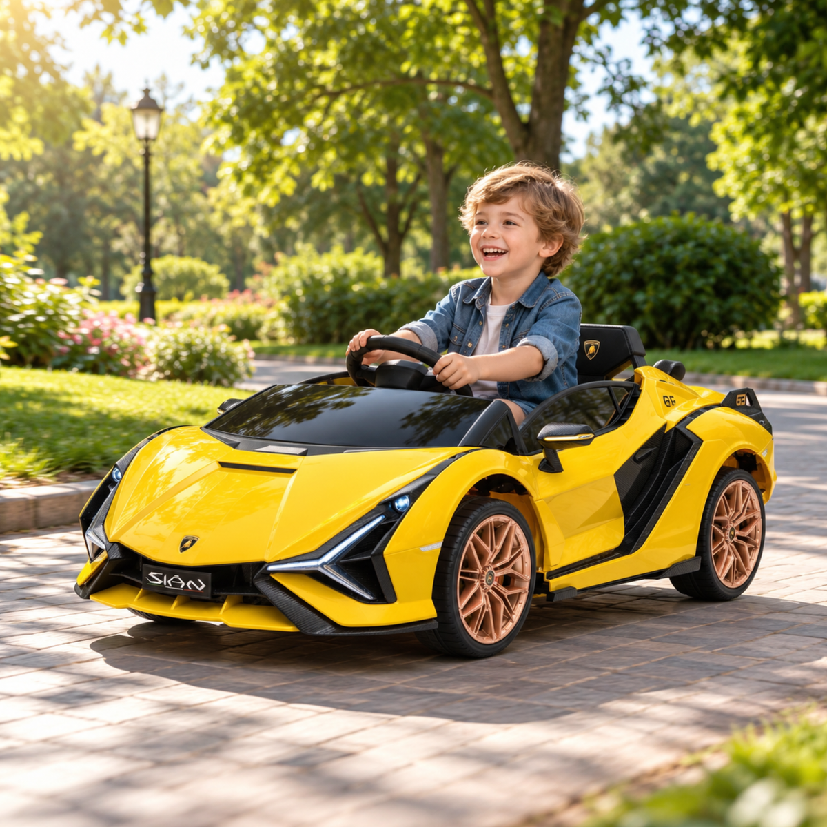 Enfant au volant de la voiture électrique pour enfants Lamborghini Sian coloris jaune dans un parc