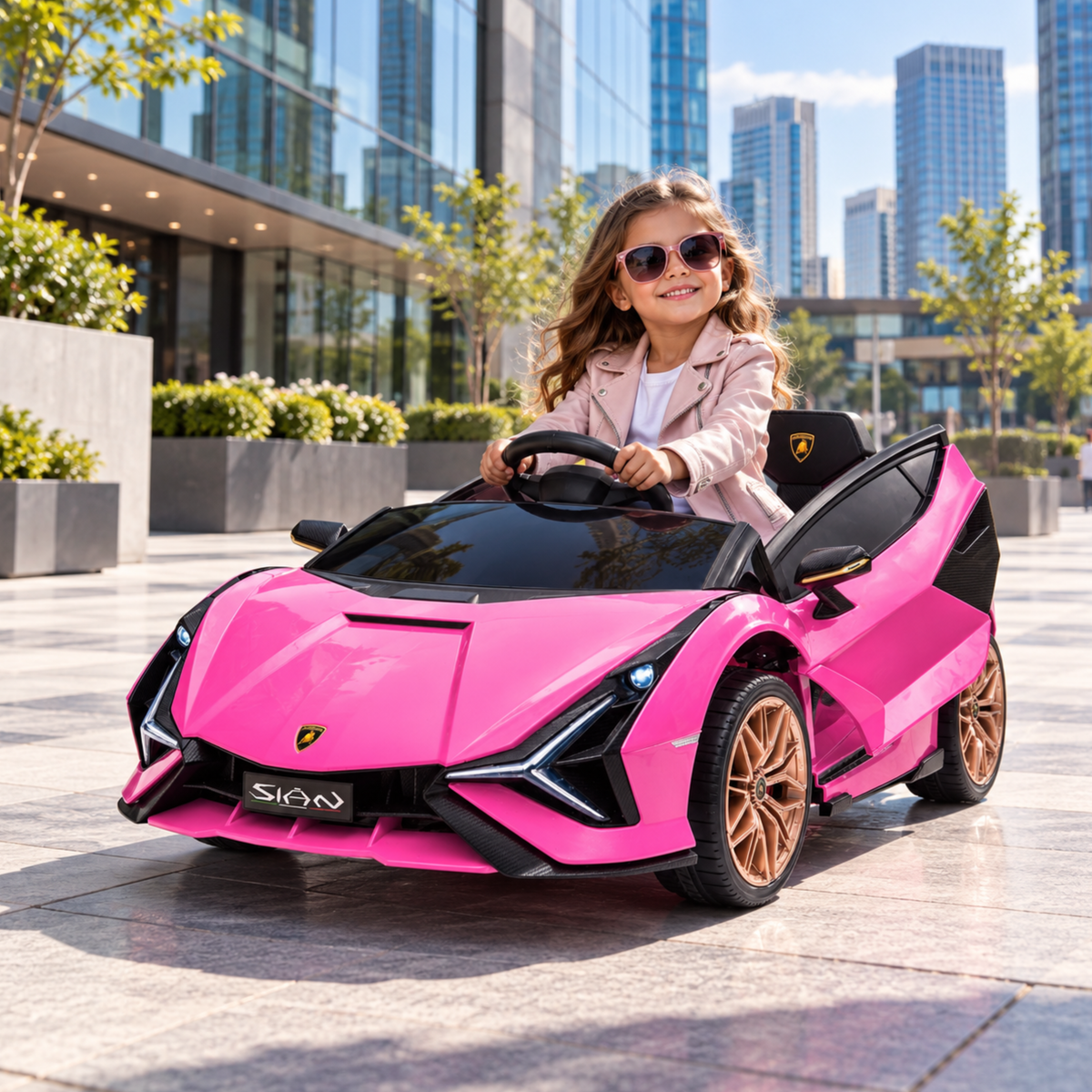 Enfant au volant de la voiture électrique pour enfants Lamborghini Sian coloris rose