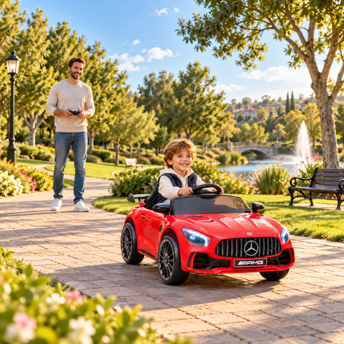 Enfant au volant de la voiture électrique pour enfants Mercedes AMG GT avec un adulte à côté