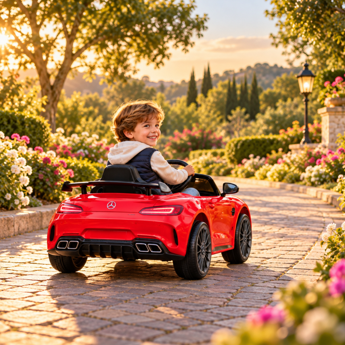 Enfant au volant de la voiture électrique pour enfants Mercedes AMG GT coloris rouge dans un parc