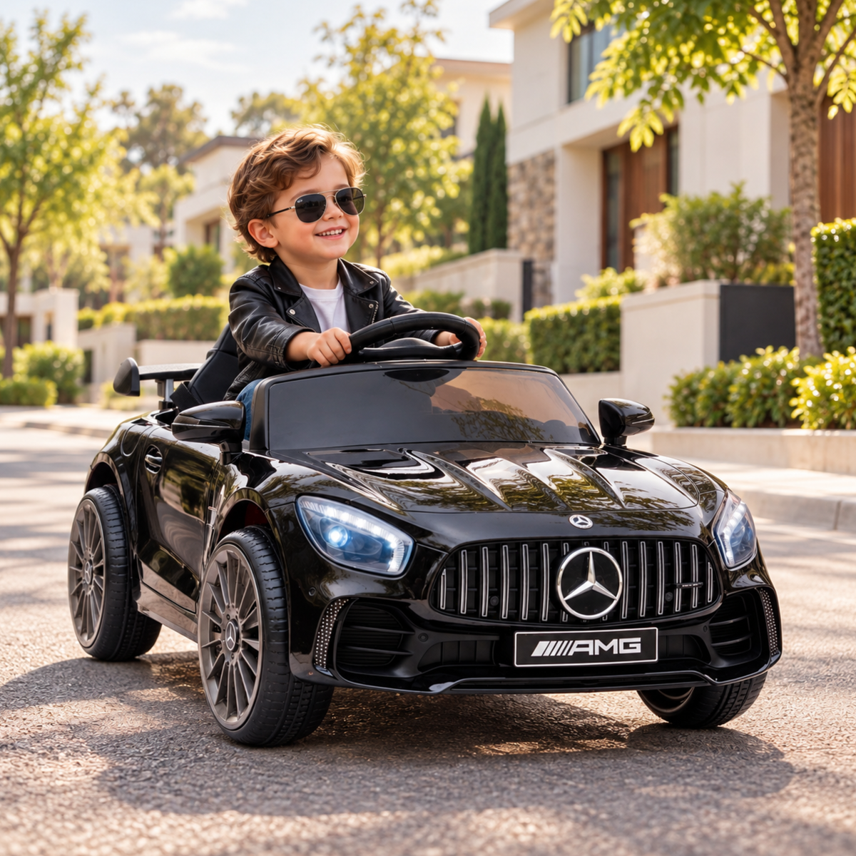 Enfant au volant de la voiture électrique pour enfants Mercedes AMG GT