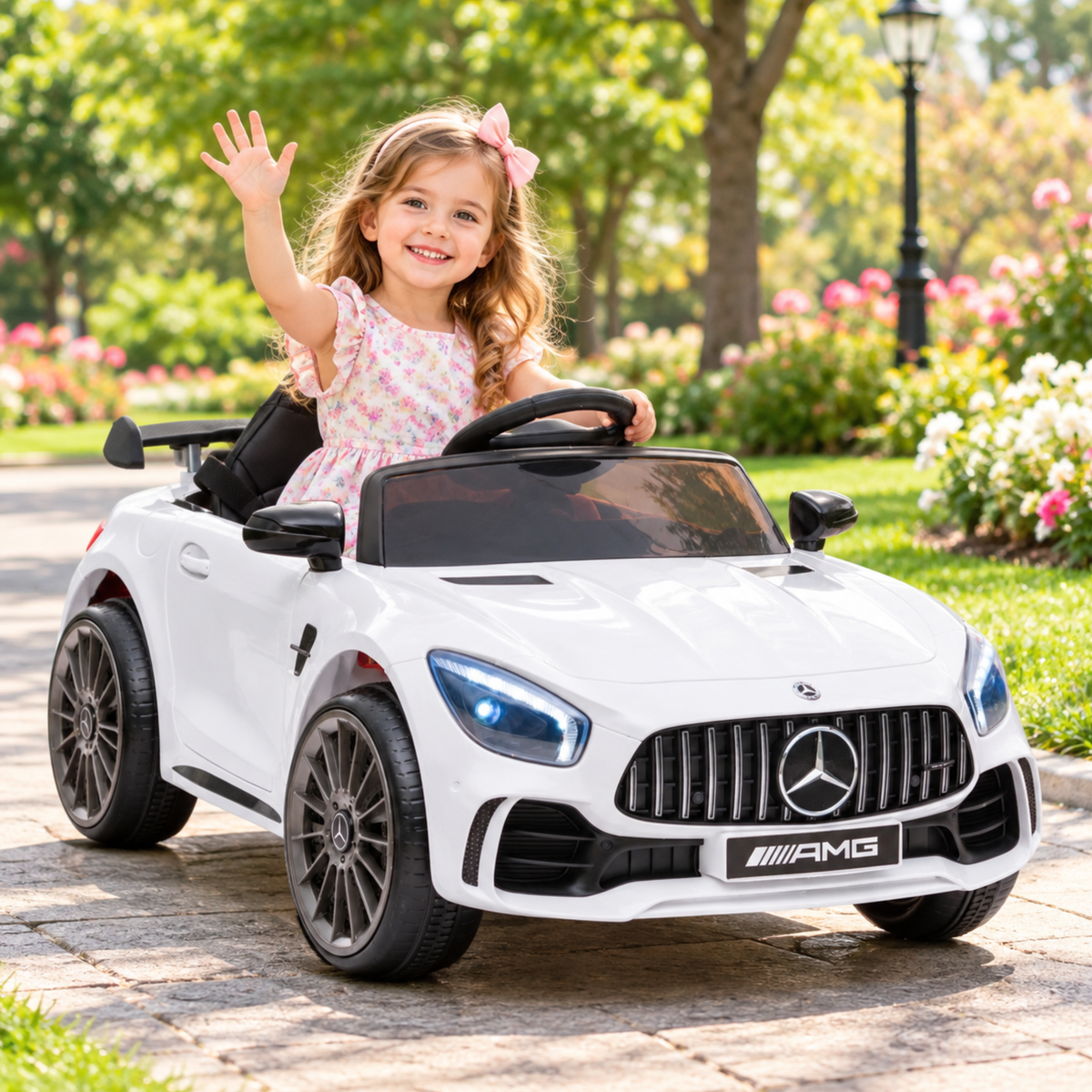 Enfant au volant de la voiture électrique pour enfants Mercedes AMG GT coloris blanc dans un parc