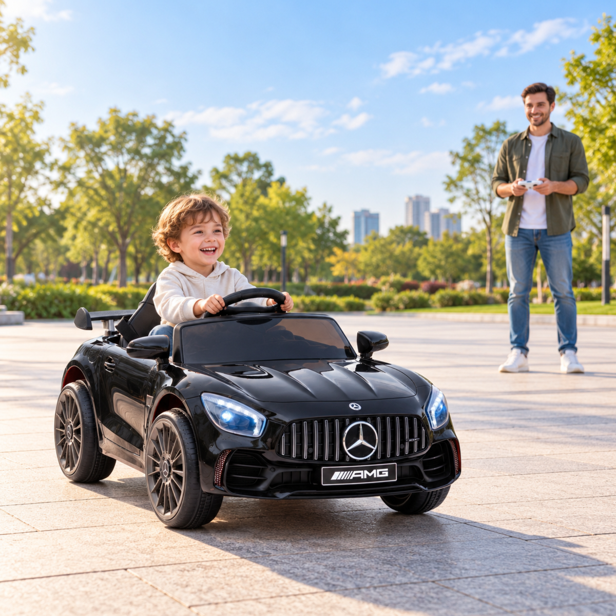 Enfant au volant de la voiture électrique pour enfants Mercedes AMG GT avec un adulte à côté coloris noir