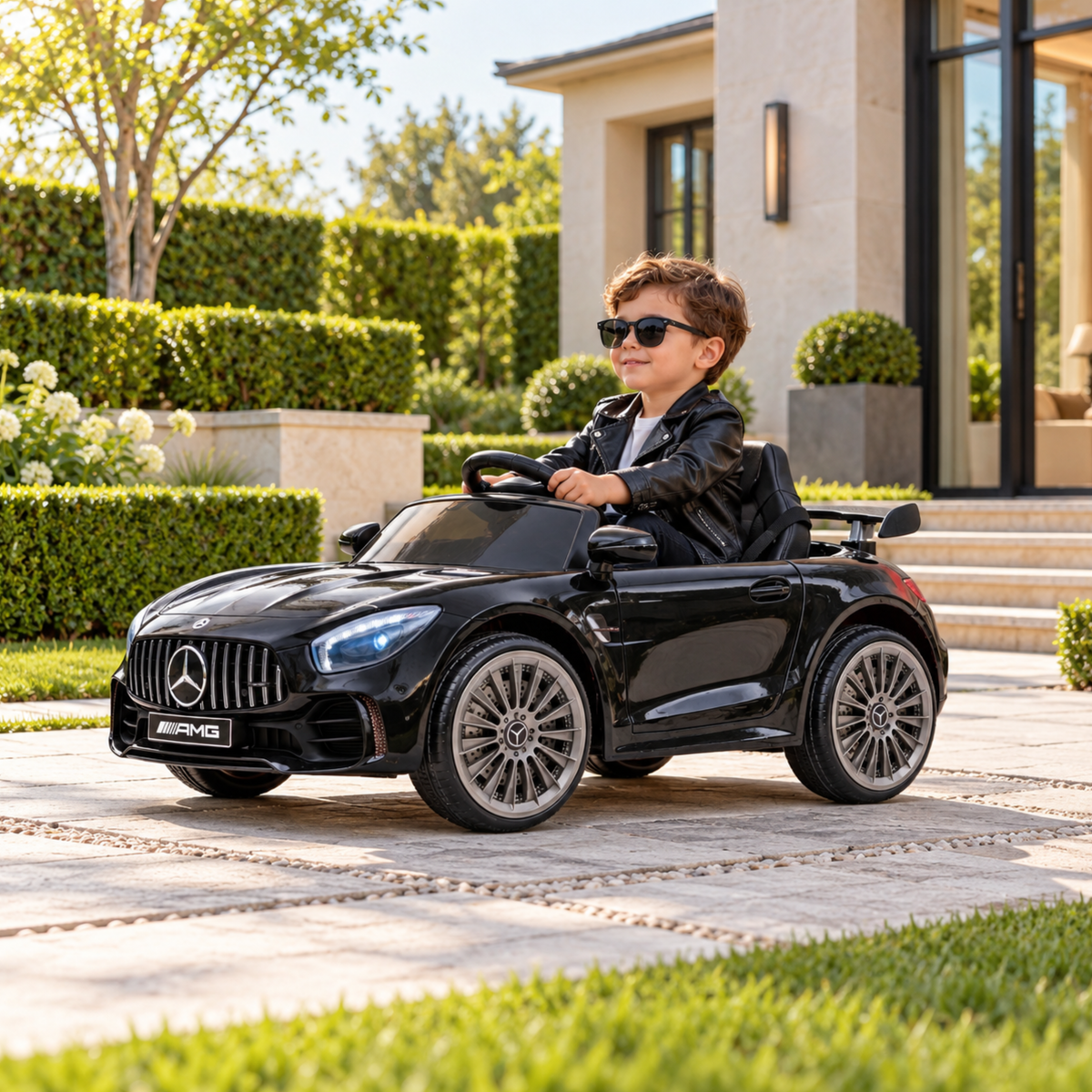 Enfant au volant de la voiture électrique pour enfants Mercedes AMG GT