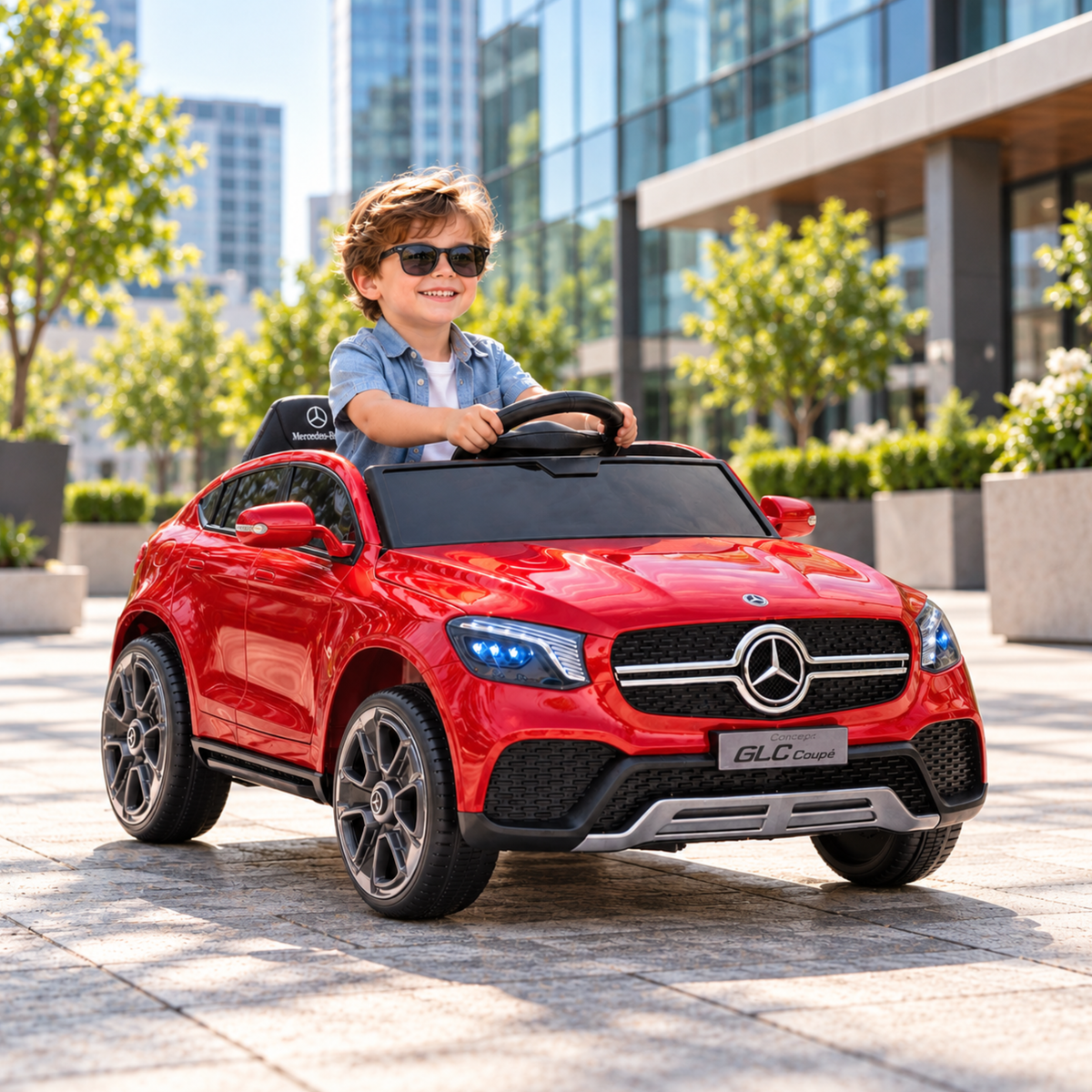 Enfant au volant de la voiture électrique pour enfants Mercedes GLC Coupé