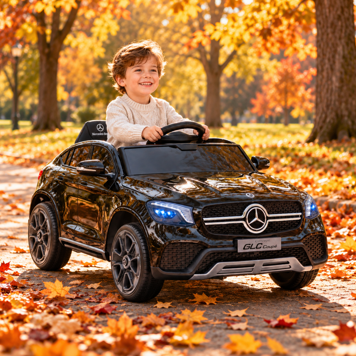 Enfant au volant de la voiture électrique pour enfants Mercedes GLC Coupé coloris noir dans un parc