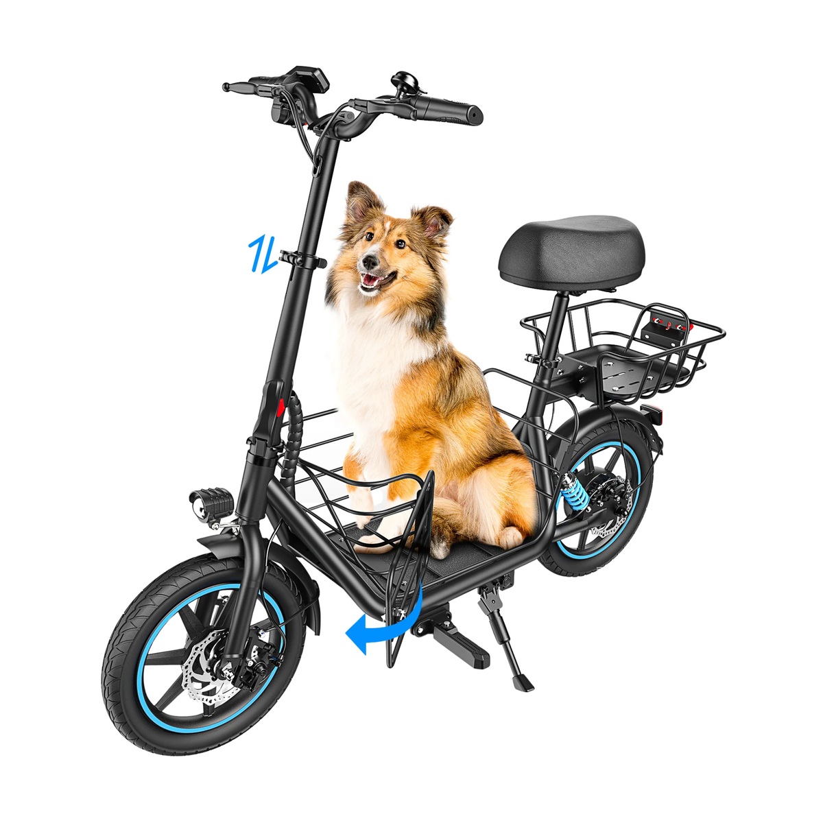 GYROOR C1 Plus noire avec selle, panier arrière et jantes bleues, un chien est assis sur le repose-pieds