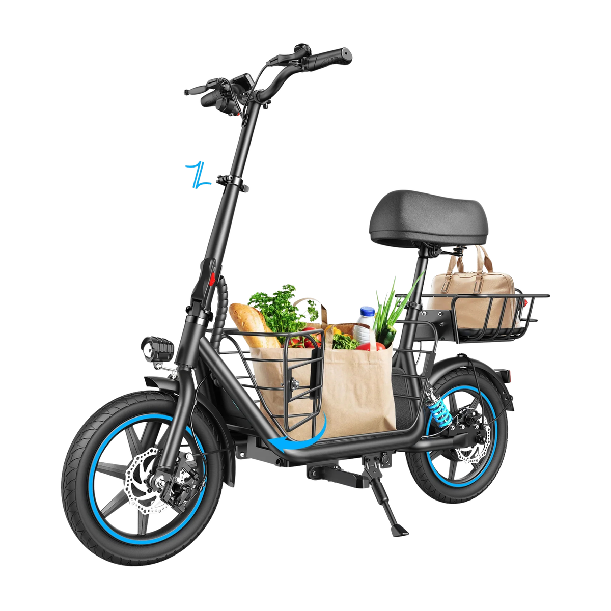 GYROOR C1 Plus vue en trois quarts avant avec un sac de courses dans le panier avant et un sac dans le panier arrière