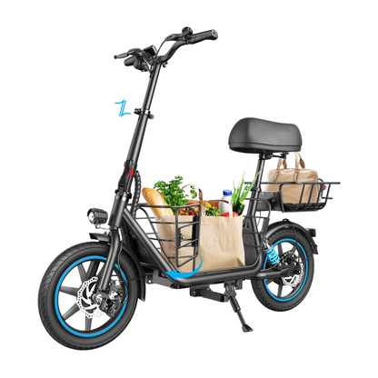 GYROOR C1 Plus vue en trois quarts avant avec un sac de courses dans le panier avant et un sac dans le panier arrière