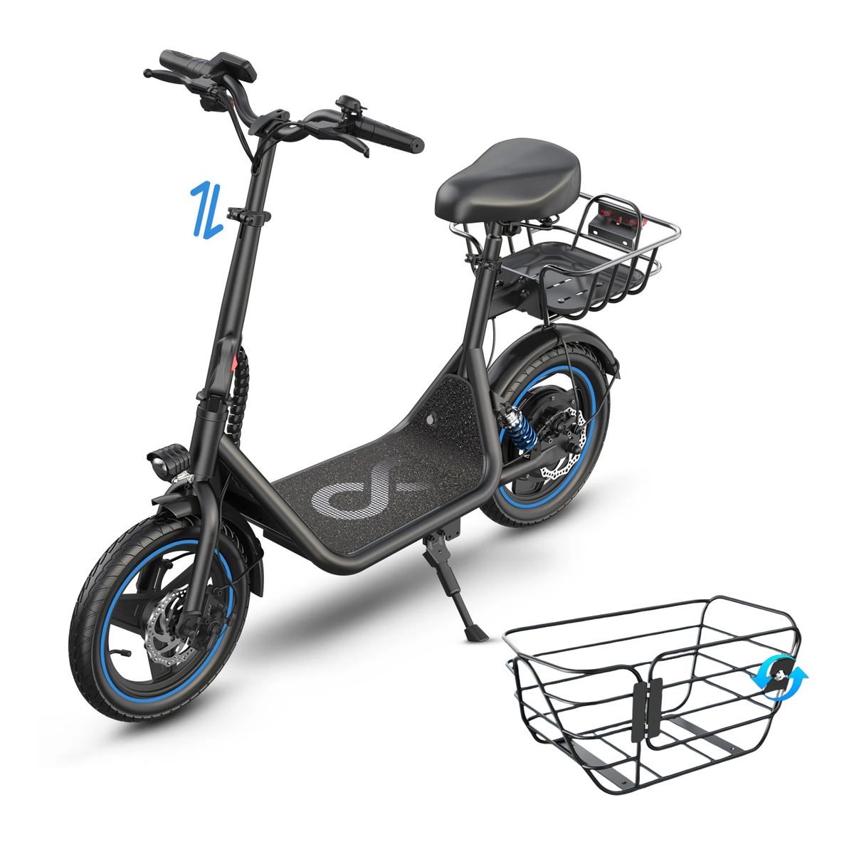 GYROOR C1 Plus vue en trois quarts avant avec selle et panier arrière, ainsi qu'un panier noir séparé à côté