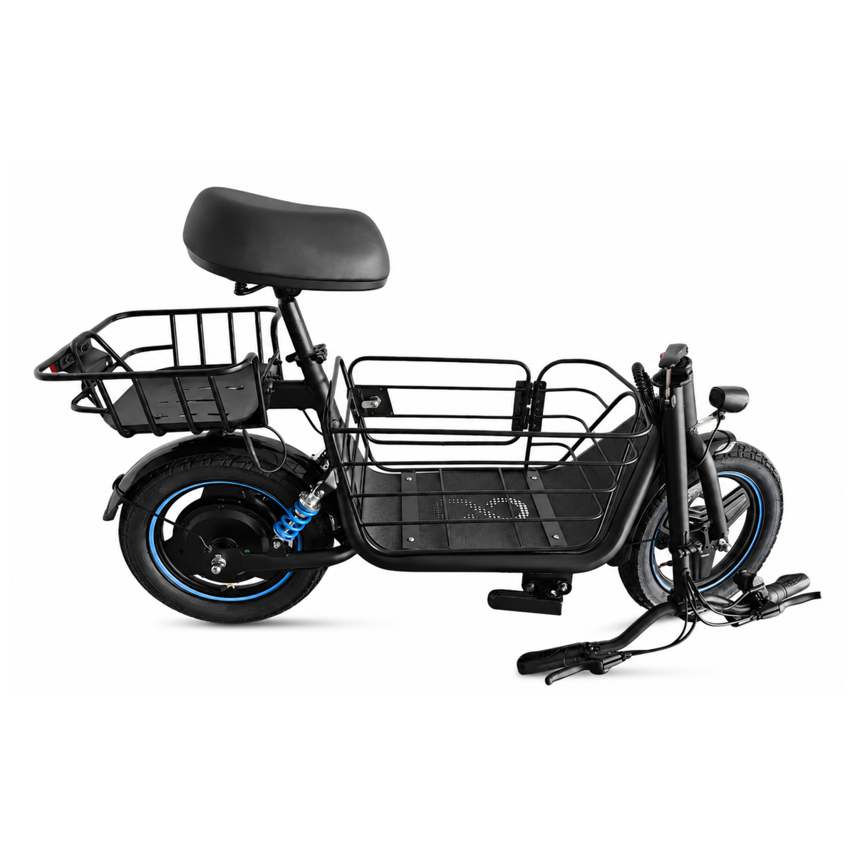 GYROOR C1 Plus de profil avec selle noire, paniers à l'avant et à l'arrière, jantes à bord bleu et ressort bleu près de la roue arrière