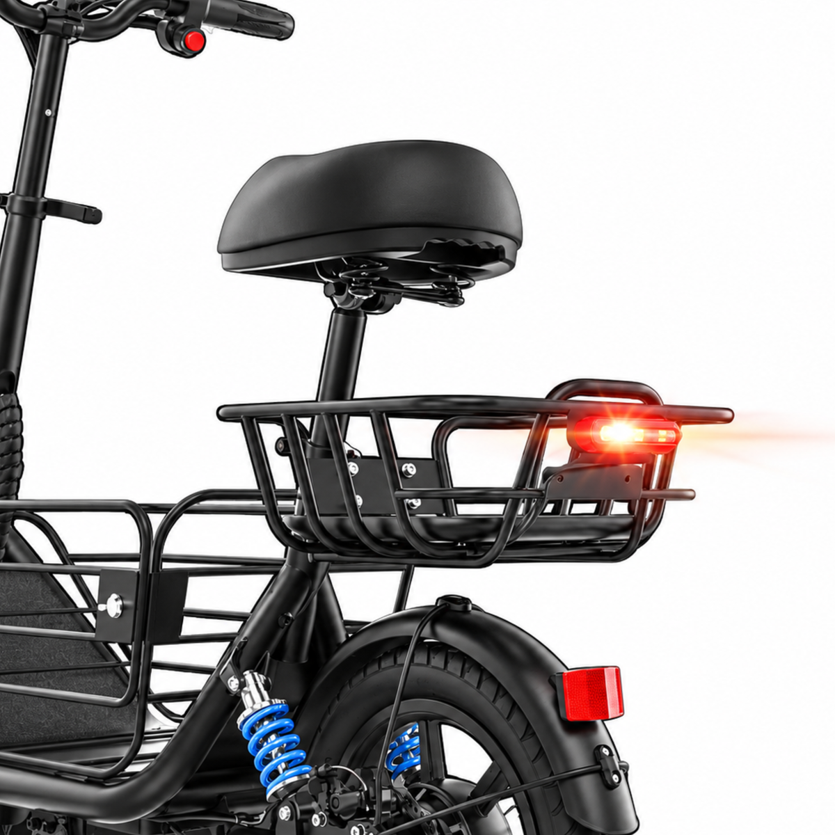 GYROOR C1 Plus vue de l'arrière et de côté avec selle, porte-bagages, feu arrière rouge et ressort arrière bleu