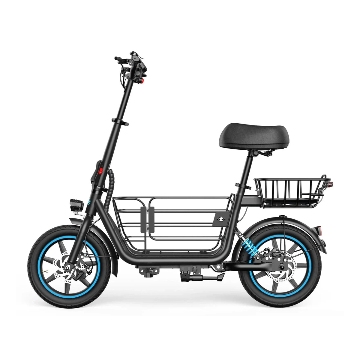 GYROOR C1 Plus vue de côté avec selle noire, paniers à l'avant et à l'arrière et roues à jante bleue
