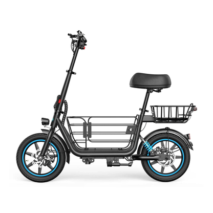 GYROOR C1 Plus vue de côté avec selle noire, paniers à l'avant et à l'arrière et roues à jante bleue