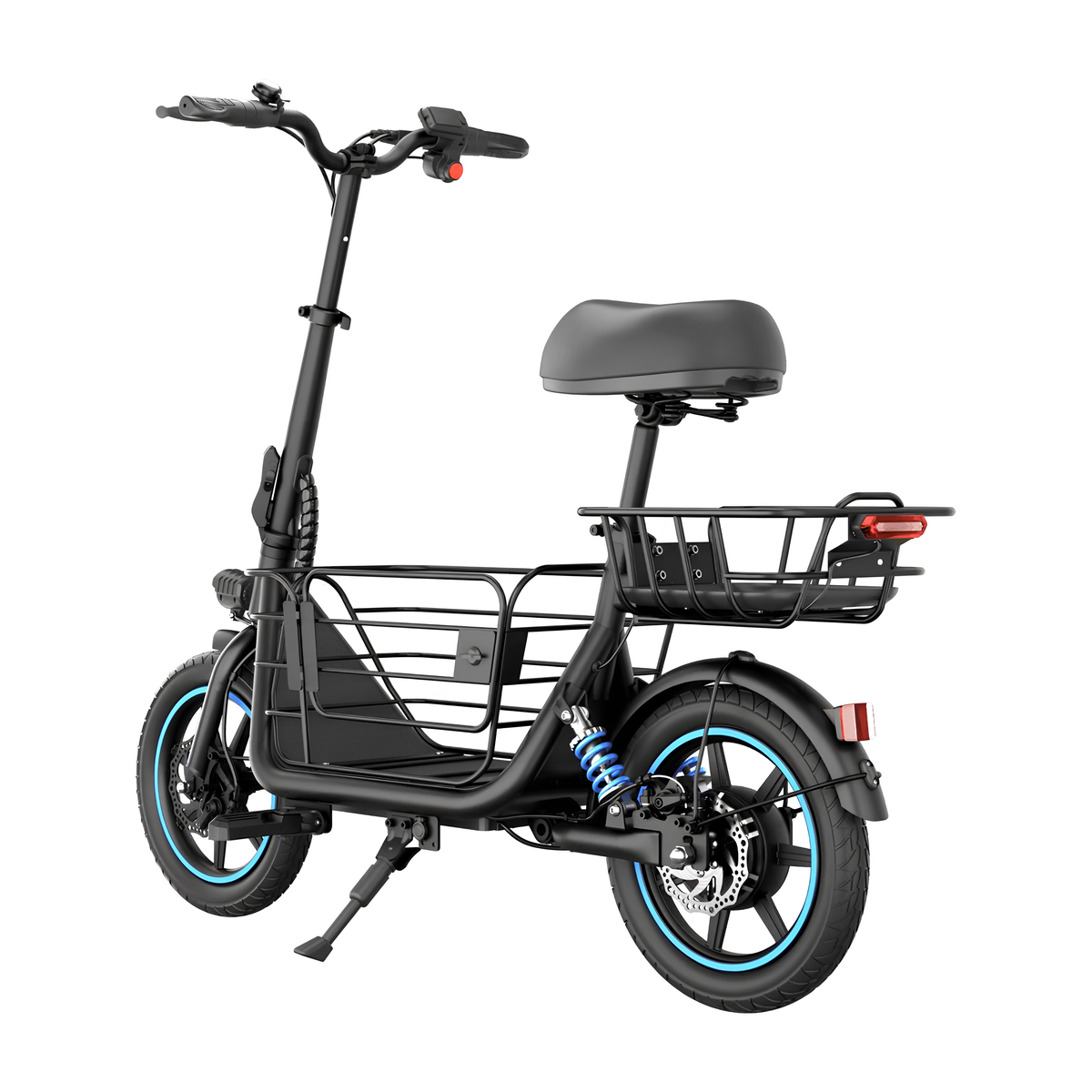 GYROOR C1 Plus vue en trois quarts arrière avec cadre noir, selle, paniers à bagages, amortisseur bleu et béquille latérale