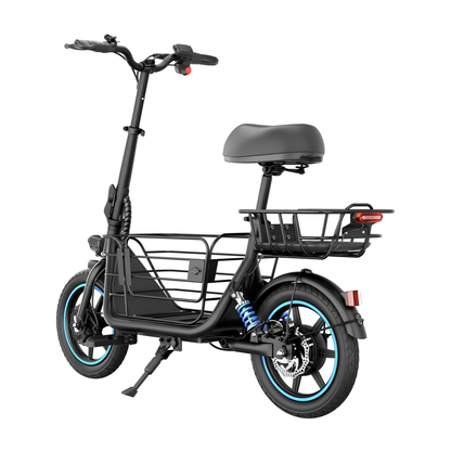 GYROOR C1 Plus vue en trois quarts arrière avec cadre noir, selle, paniers à bagages, amortisseur bleu et béquille latérale