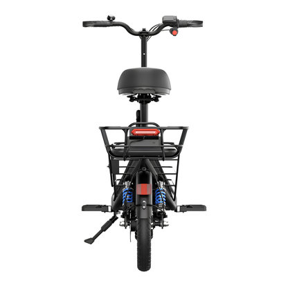 GYROOR C1 Plus vue de l'arrière avec selle, panier arrière, feu arrière rouge, amortisseur bleu et repose-pieds