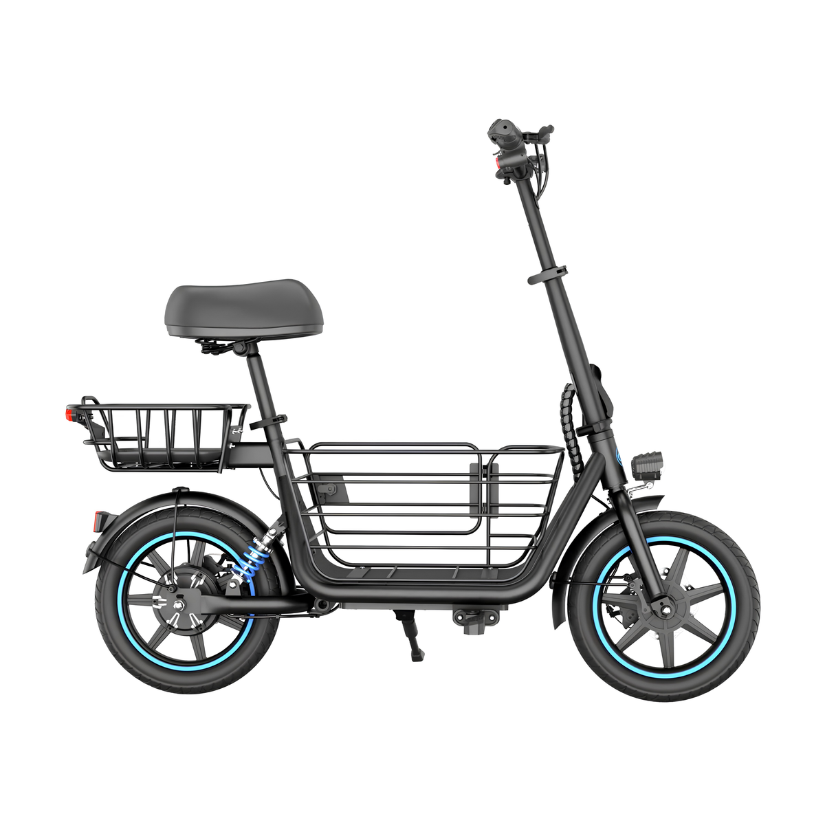 GYROOR C1 Plus vue de côté avec selle, panier arrière, panier avant et détails bleus sur les roues