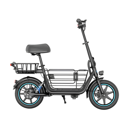 GYROOR C1 Plus vue de côté avec selle, panier arrière, panier avant et détails bleus sur les roues