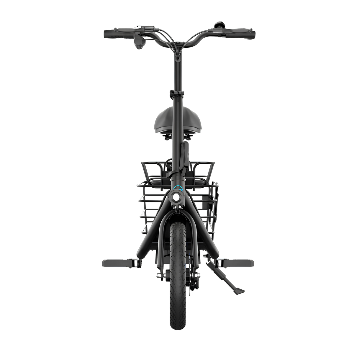 GYROOR C1 Plus vue de face avec guidon, selle, panier, pédales et béquille latérale
