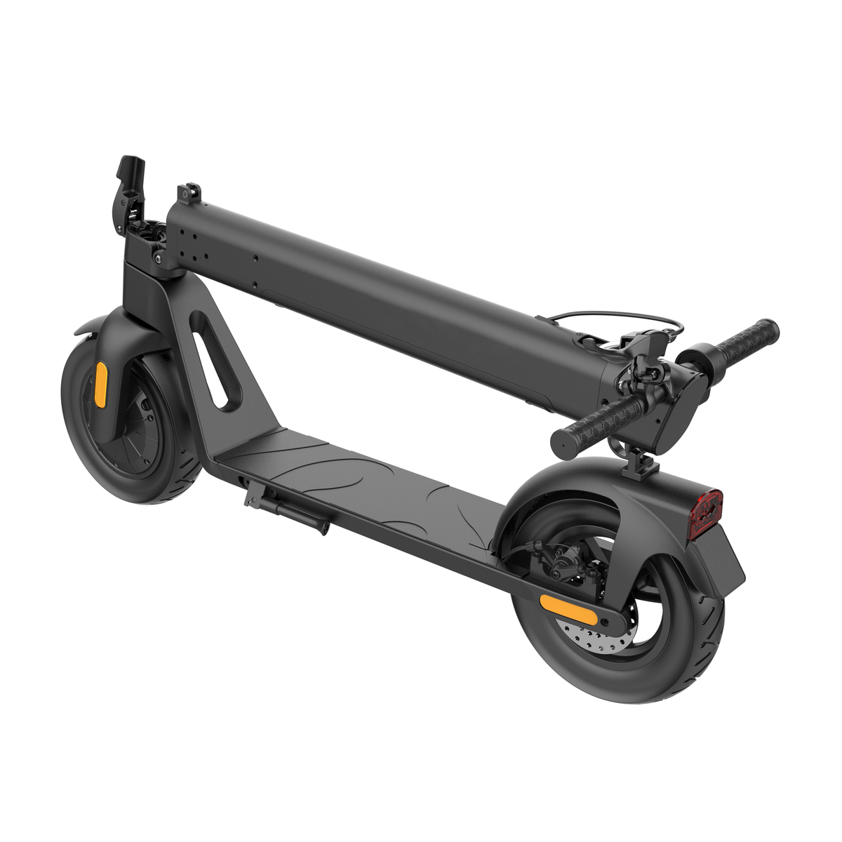 Trottinette électrique HX D01 pliée, vue de trois-quarts arrière du côté opposé