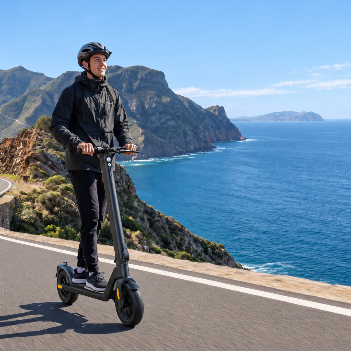 Homme roulant sur la trottinette électrique HX D01 en montagne