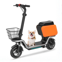 Trottinette électrique HX S20 vue de trois-quarts avant avec un chien