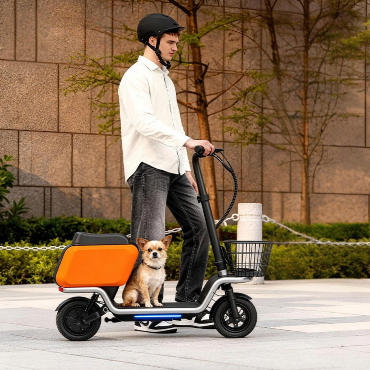 Homme debout avec la trottinette électrique HX S20 avec un chien