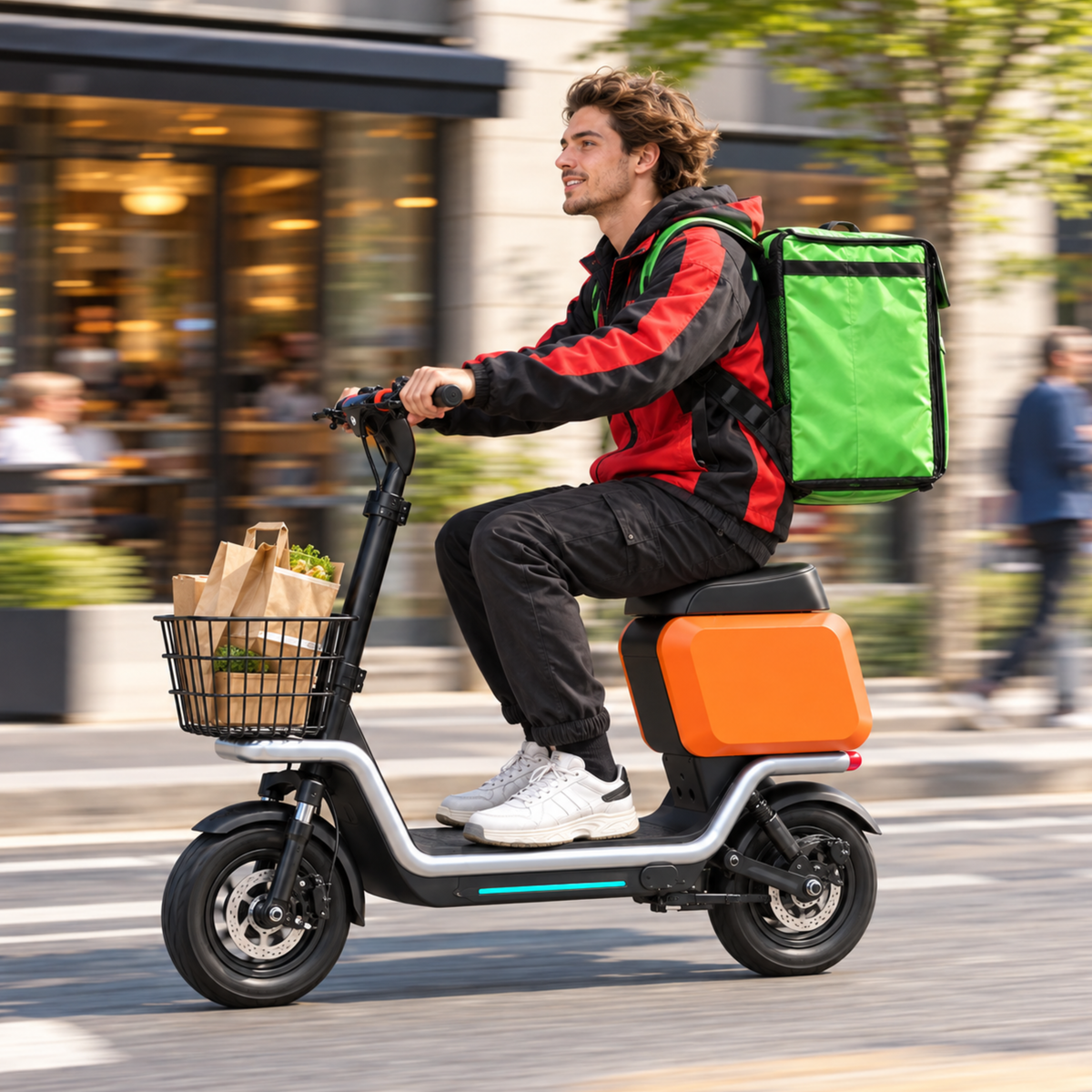Homme roulant sur la trottinette électrique HX S20 assis dans une rue