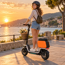 Femme debout avec la trottinette électrique HX S20 au coucher du soleil