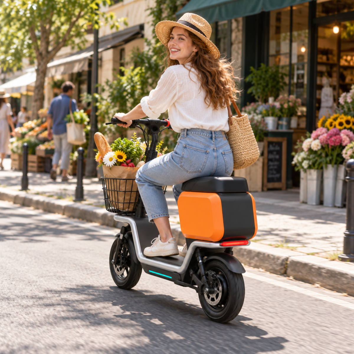 Femme roulant sur la trottinette électrique HX S20 assise dans une rue