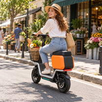 Femme roulant sur la trottinette électrique HX S20 assise dans une rue