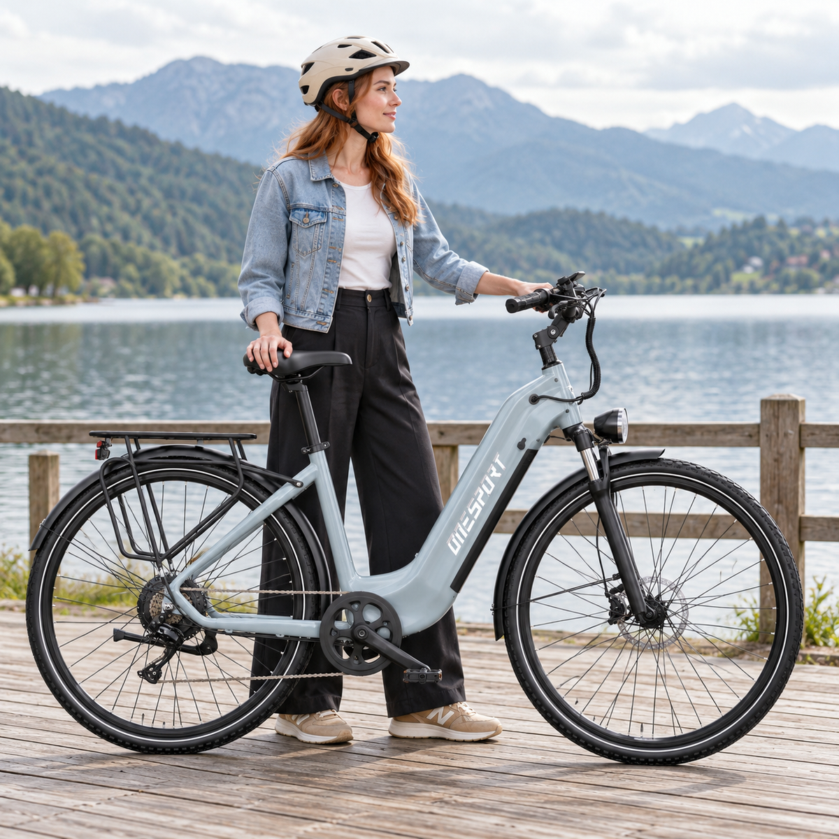 Vélo électrique OneSport OT05 Max gris clair à cadre bas, à côté d'une femme casquée sur un ponton au bord d'un lac