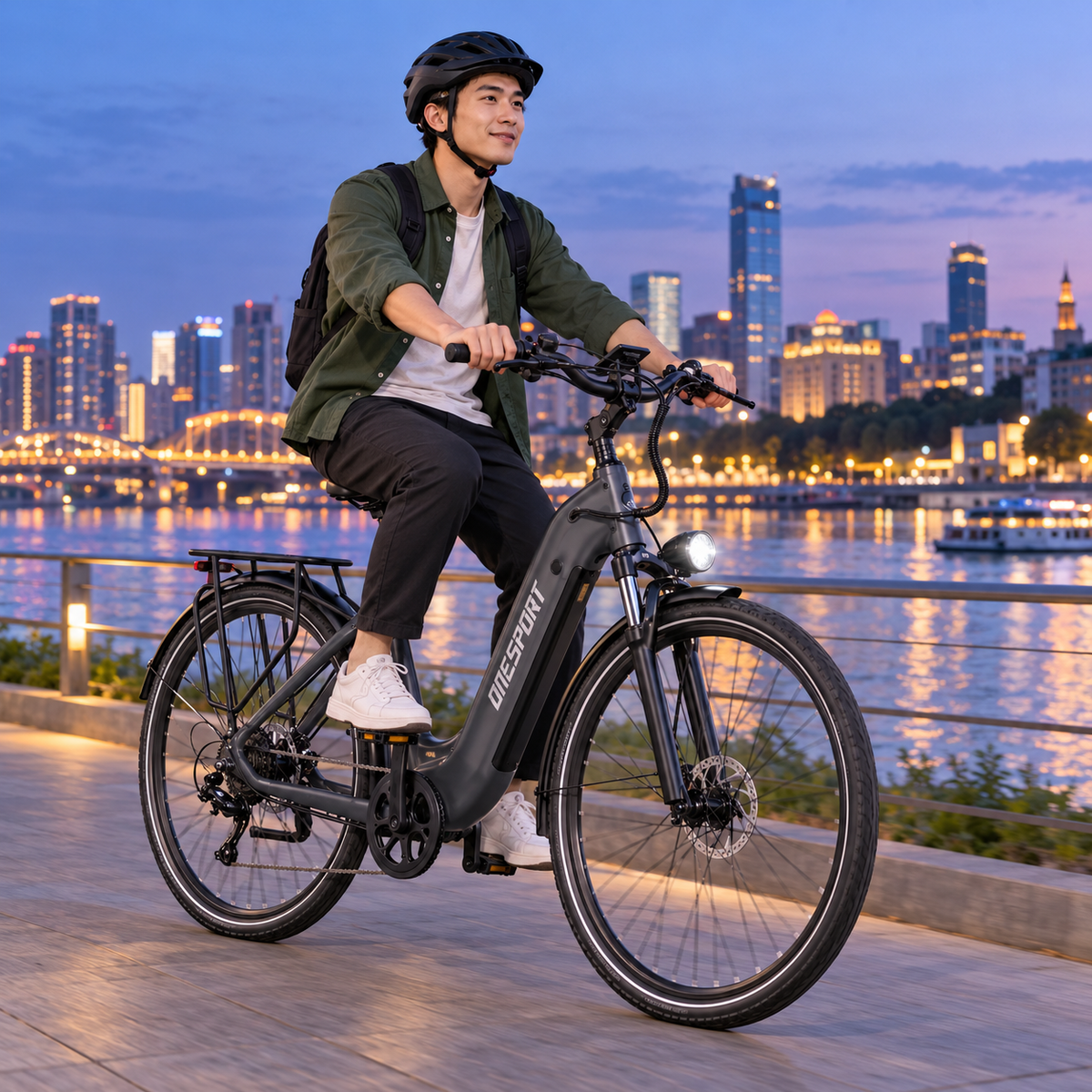 Homme à vélo sur un OneSport OT05 Max gris au bord d'un fleuve au crépuscule avec la silhouette de la ville en arrière-plan