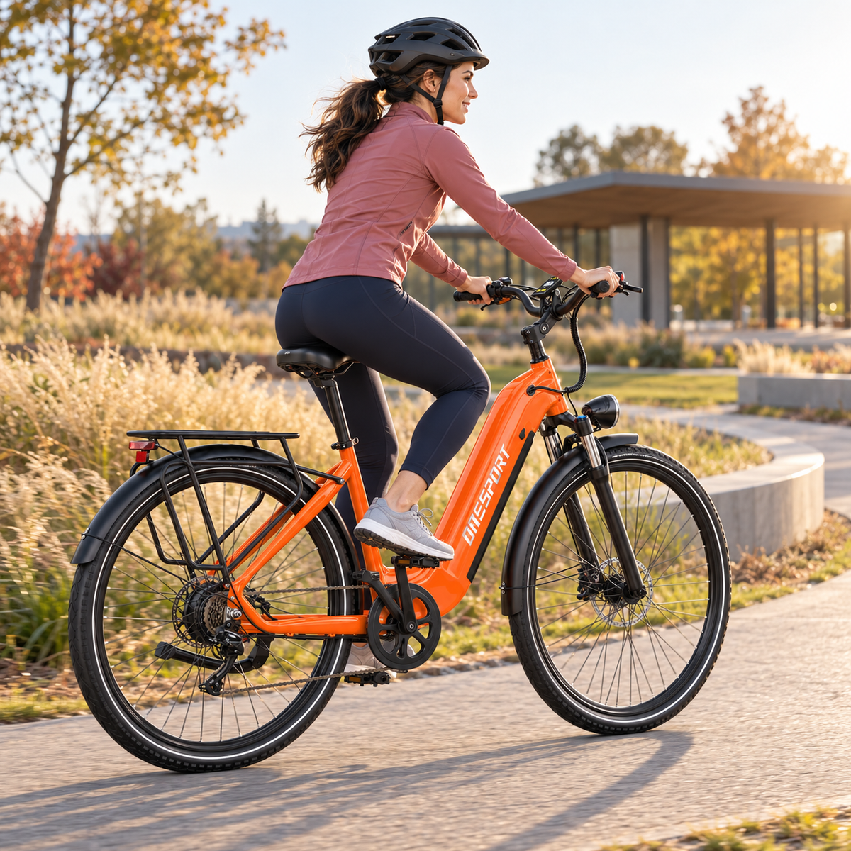Femme à vélo sur un OneSport OT05 Max orange sur un chemin piéton dans un parc