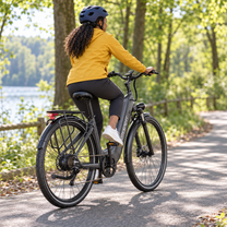Femme à vélo sur un OneSport OT05 Max gris sur un chemin forestier au bord d'un lac