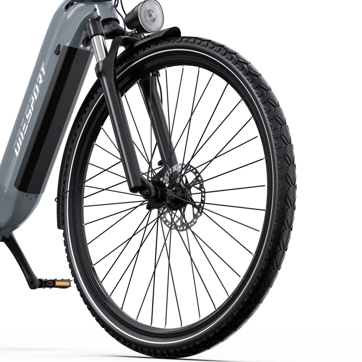 Roue avant du OneSport OT05 Max avec fourche, frein à disque et garde-boue, vue de côté