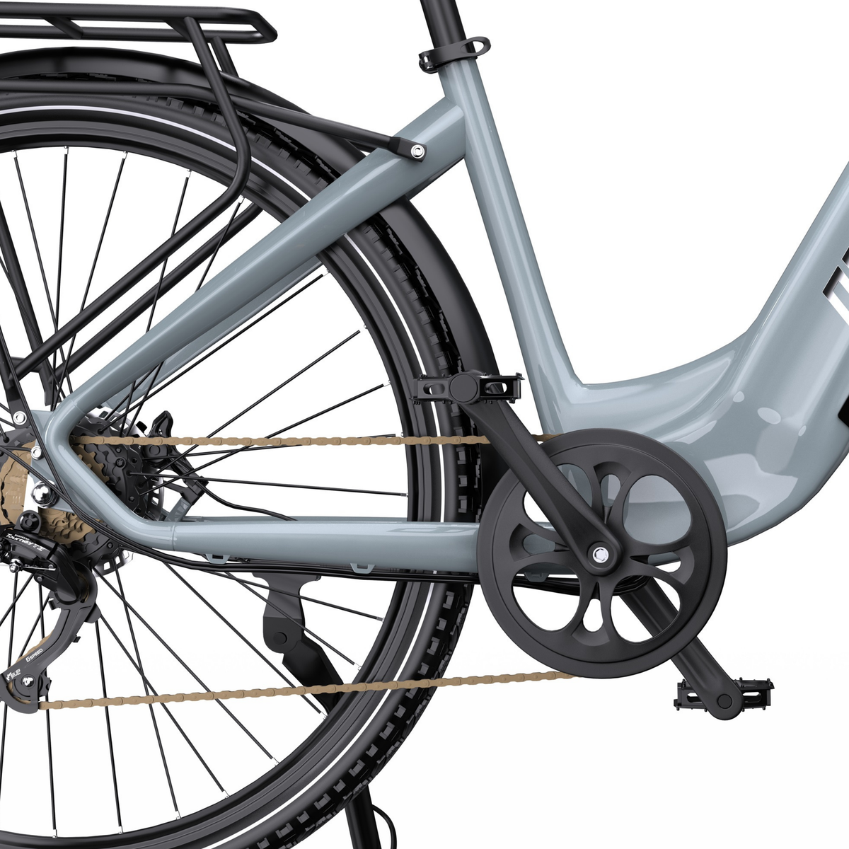 OneSport OT05 Max, gros plan sur le cadre gris, le pédalier, la chaîne et la roue arrière avec porte-bagages