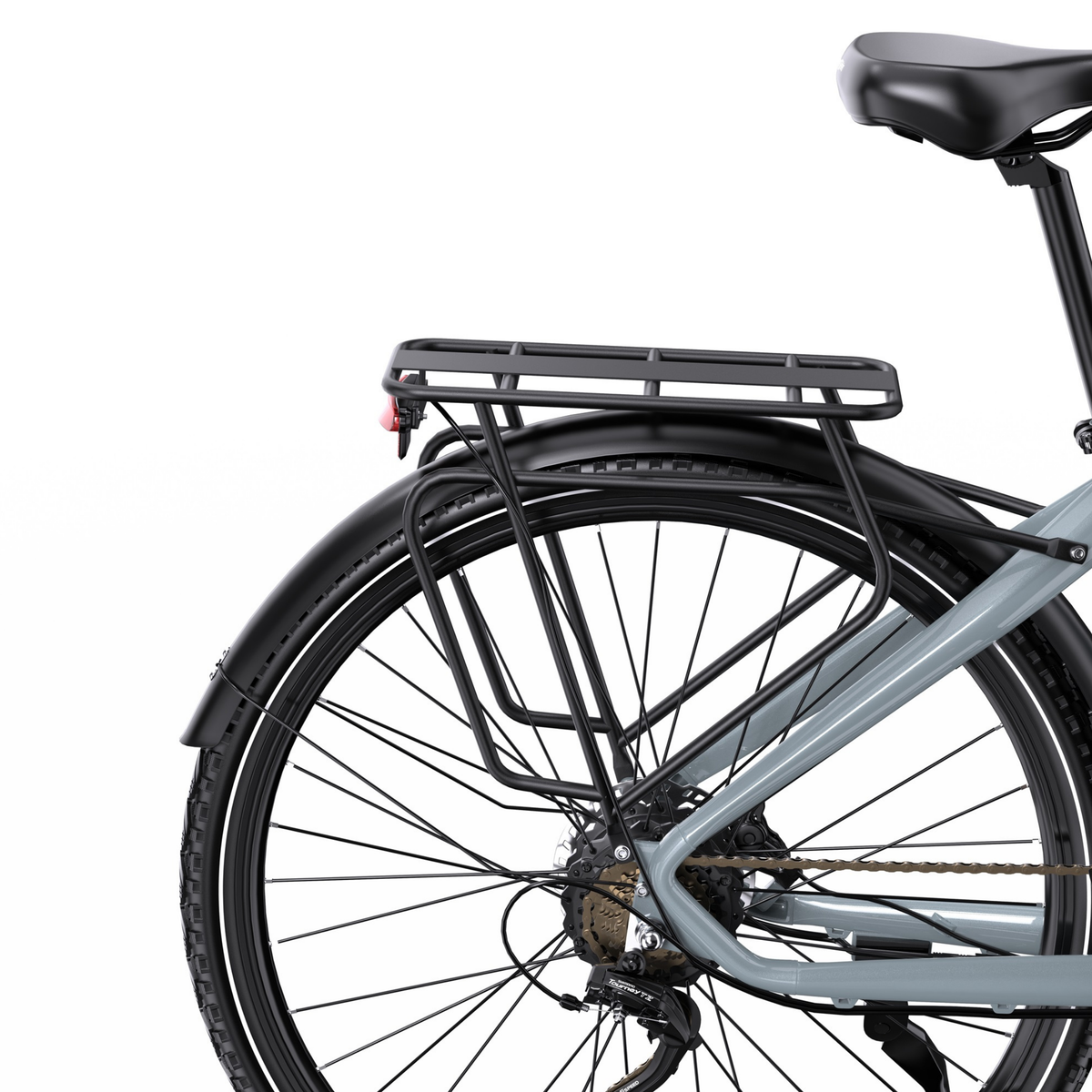 OneSport OT05 Max vu de l'arrière avec porte-bagages noir, garde-boue, feu arrière et selle