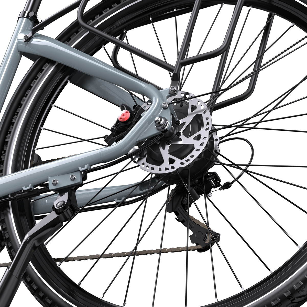 Gros plan du OneSport OT05 Max sur le frein à disque de la roue arrière, la chaîne et le dérailleur arrière