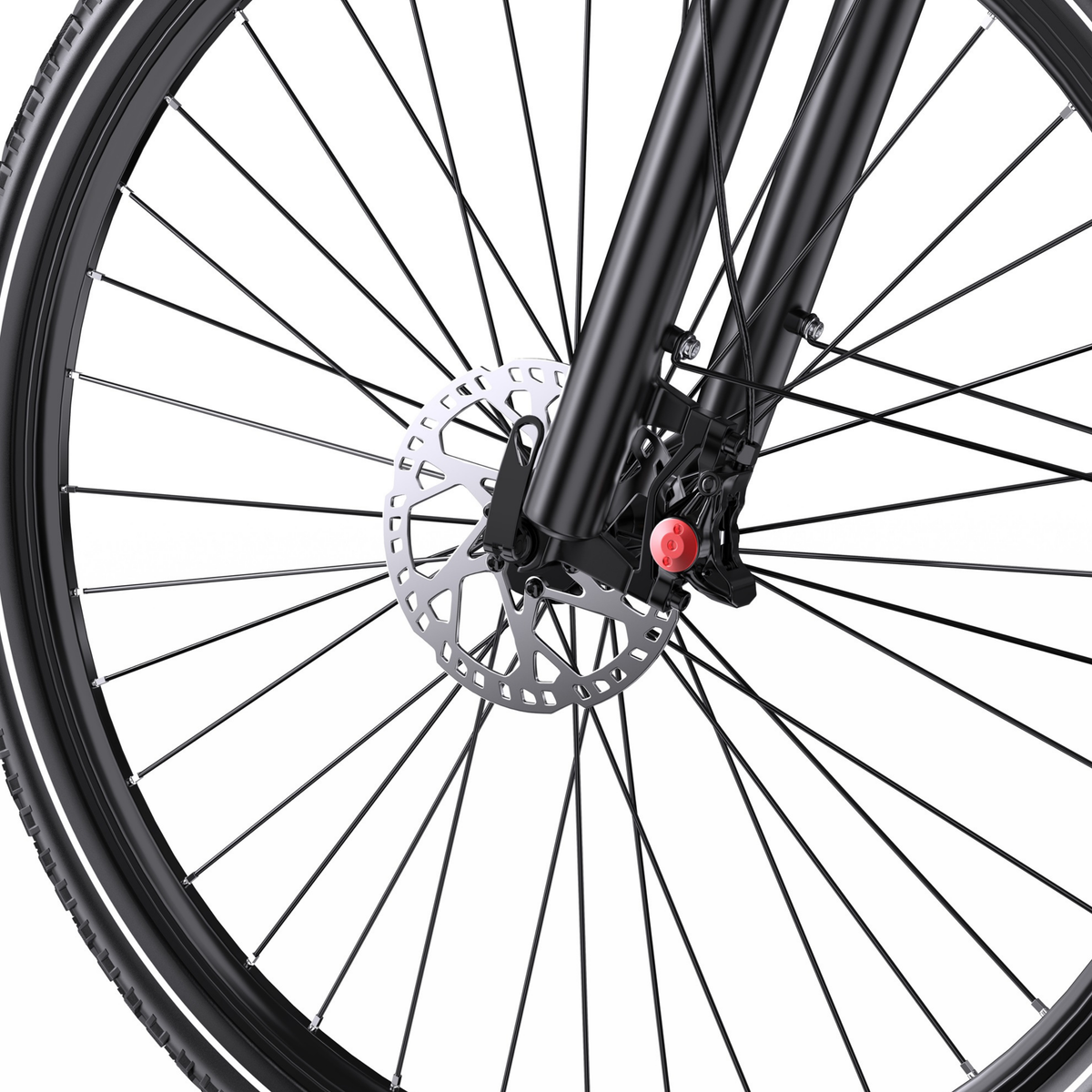 Gros plan du OneSport OT05 Max sur la roue avant avec frein à disque et fourche avant