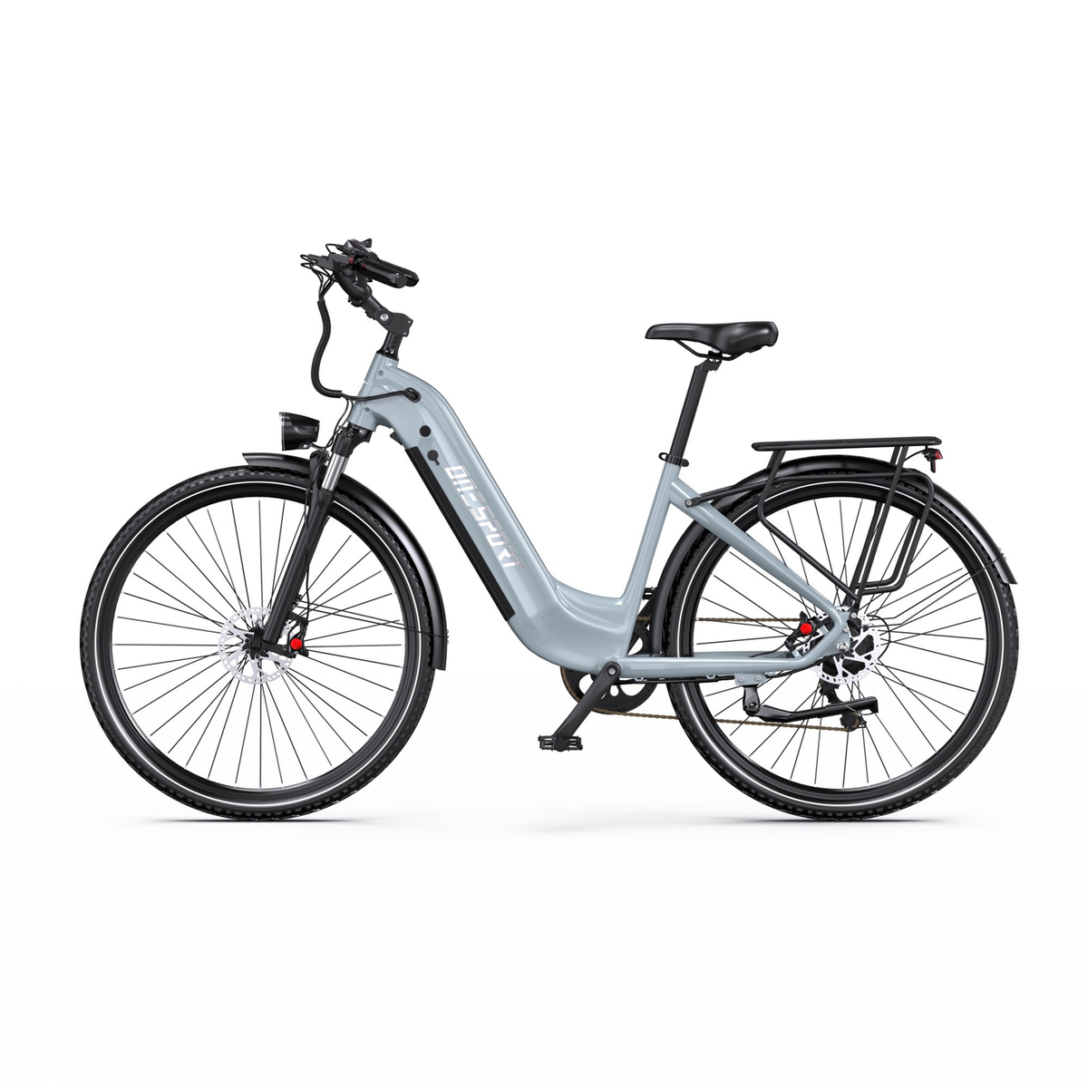 Vélo électrique gris OneSport OT05 Max à cadre bas, vue de profil strict