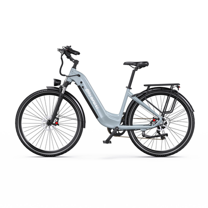 Vélo électrique gris OneSport OT05 Max à cadre bas, vue de profil strict