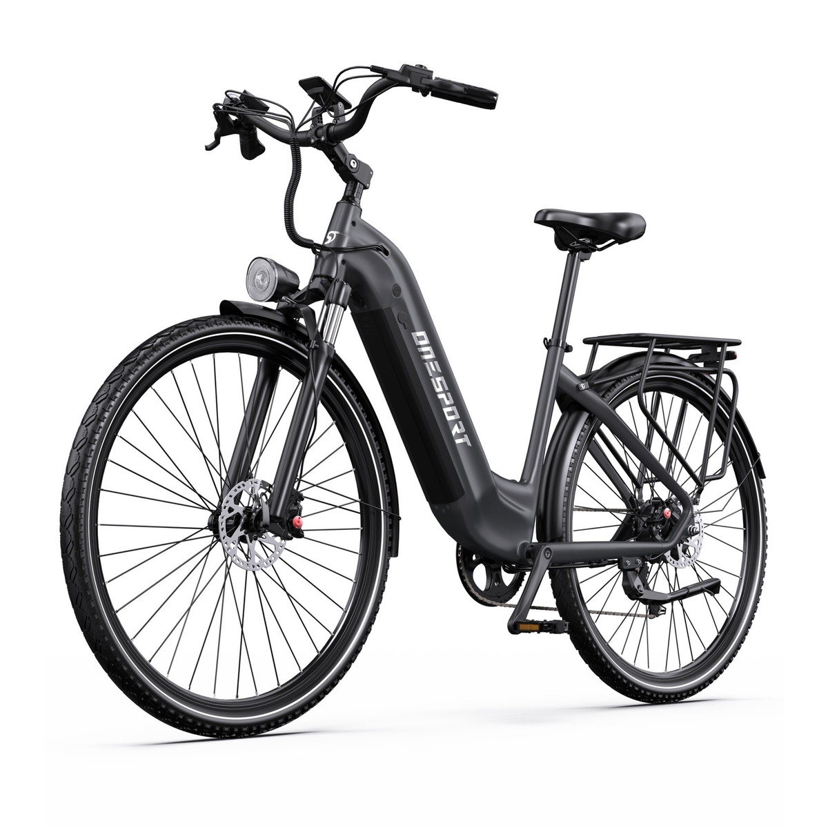 Vélo électrique OneSport OT05 Max à cadre bas, vue de trois quarts avant avec phare avant et porte-bagages