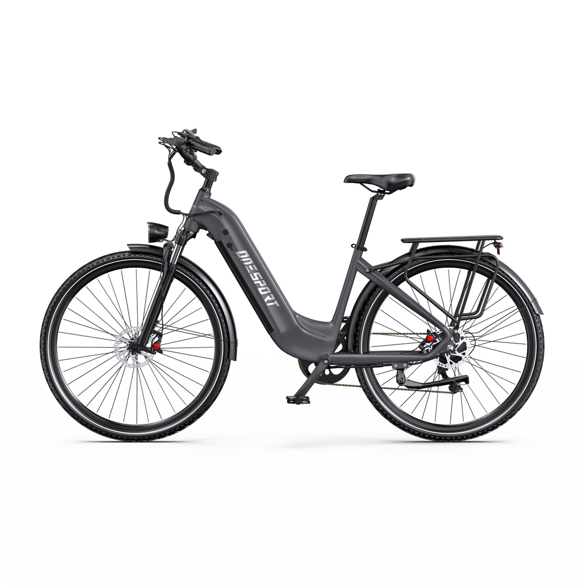 Vélo électrique gris OneSport OT05 Max à cadre bas, vue de côté gauche, avec porte-bagages et garde-boue